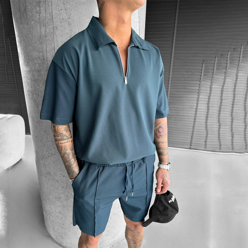 Ropa de moda de verano para hombre, trajes para hombre, nuevo polo con cremallera, pantalones cortos casuales de manga corta con cordón, conjunto para hombre