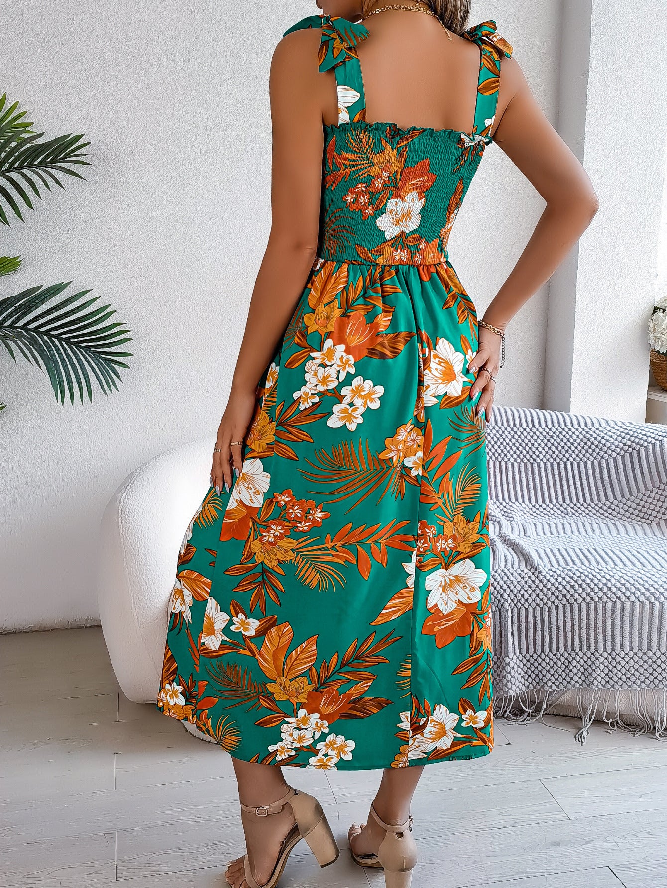 Vestido largo de verano con tirantes y estampado de flores para mujer, moda de vacaciones y playa