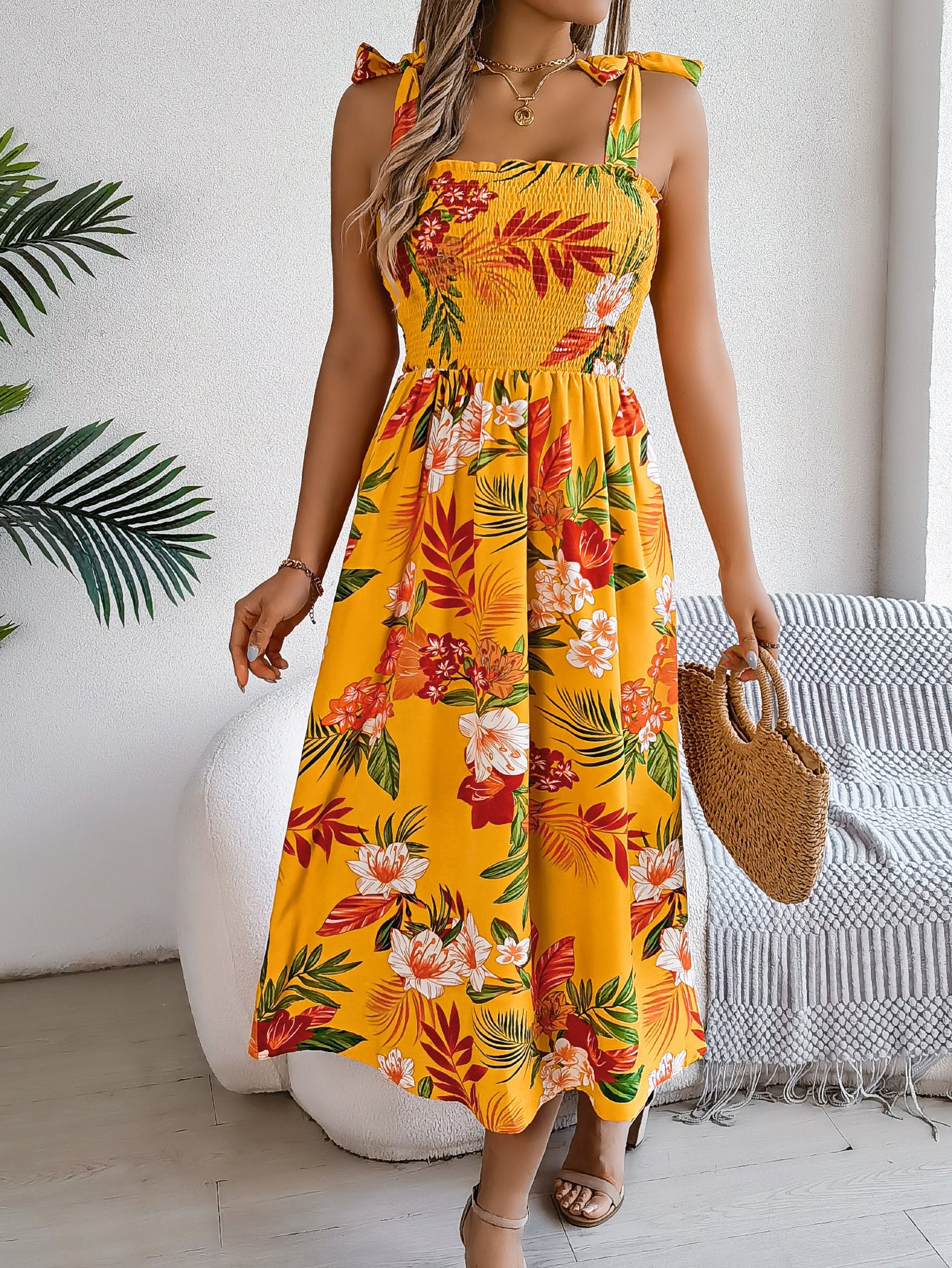 Vestido largo de verano con tirantes y estampado de flores para mujer, moda de vacaciones y playa