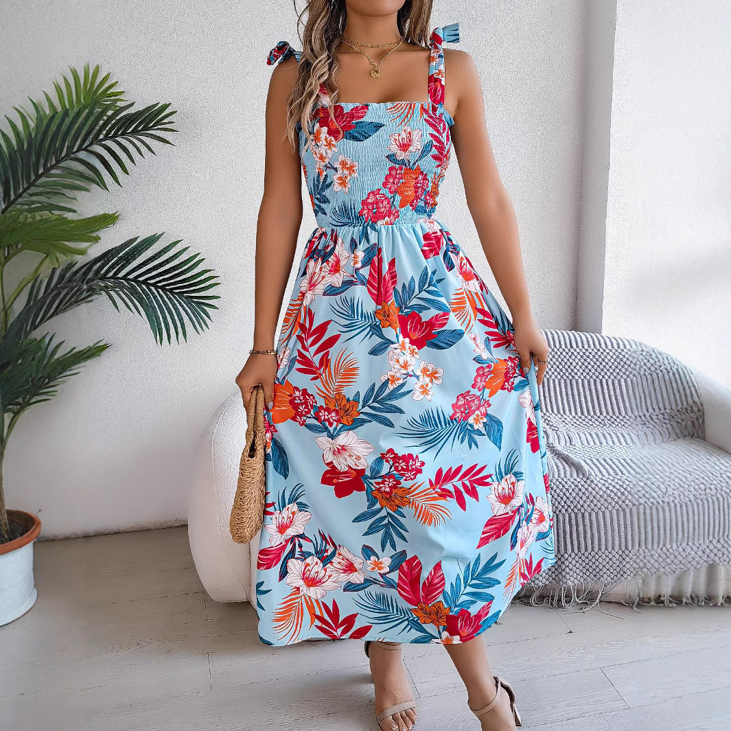 Vestido largo de verano con tirantes y estampado de flores para mujer, moda de vacaciones y playa