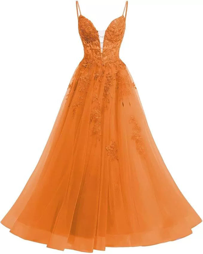 Women's Spaghetti Strap Tulle Long Applique Lace Dress With Long Dress