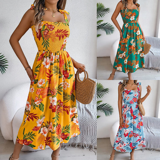 Vestido largo de verano con tirantes y estampado de flores para mujer, moda de vacaciones y playa