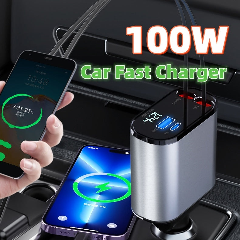 Cargador de coche de metal de 100 W, carga súper rápida, adaptador USB y tipo C para encendedor de cigarrillos de coche