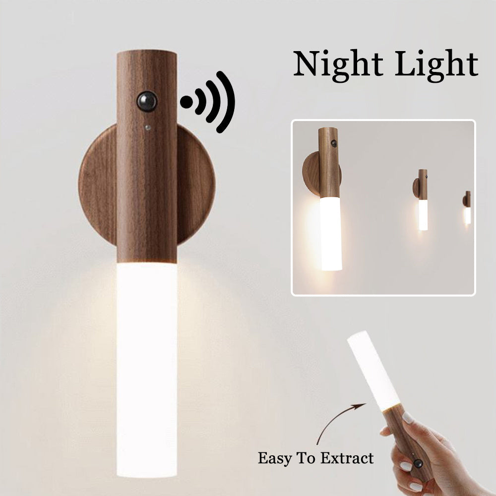 Luz nocturna inalámbrica con sensor de movimiento PIR para pasillos, porches, armarios, luces LED automáticas USB de madera magnéticas