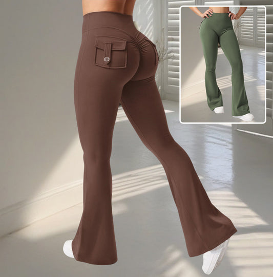 Pantalones acampanados de fitness para yoga con bolsillos, pantalones deportivos ajustados de cintura alta a la moda, leggings de levantamiento de glúteos y entrenamiento