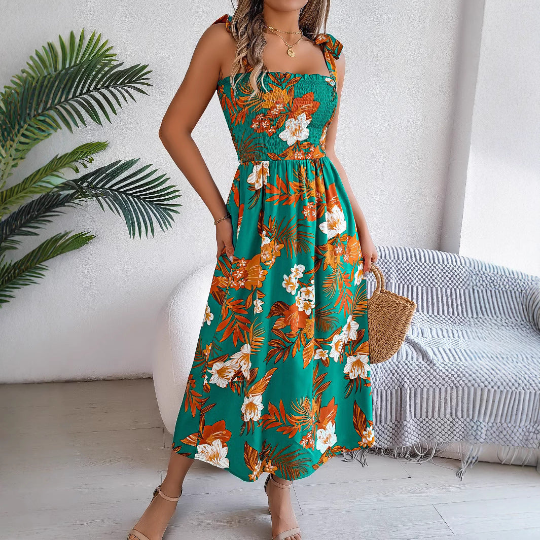 Vestido largo de verano con tirantes y estampado de flores para mujer, moda de vacaciones y playa