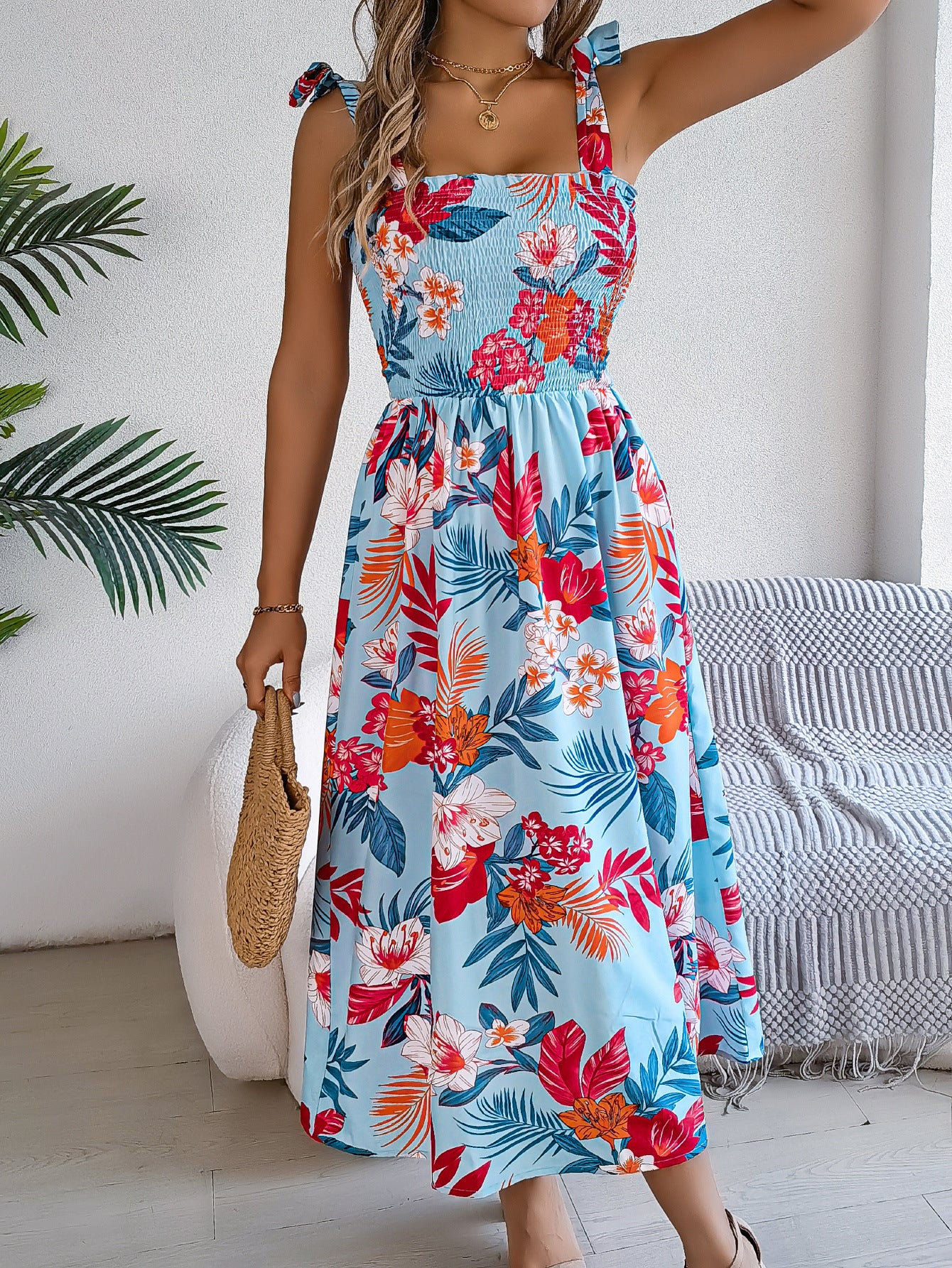 Vestido largo de verano con tirantes y estampado de flores para mujer, moda de vacaciones y playa