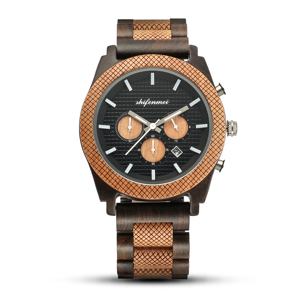 Mens Six Hand Chronograph Calendar Sports Wood Casual Watch