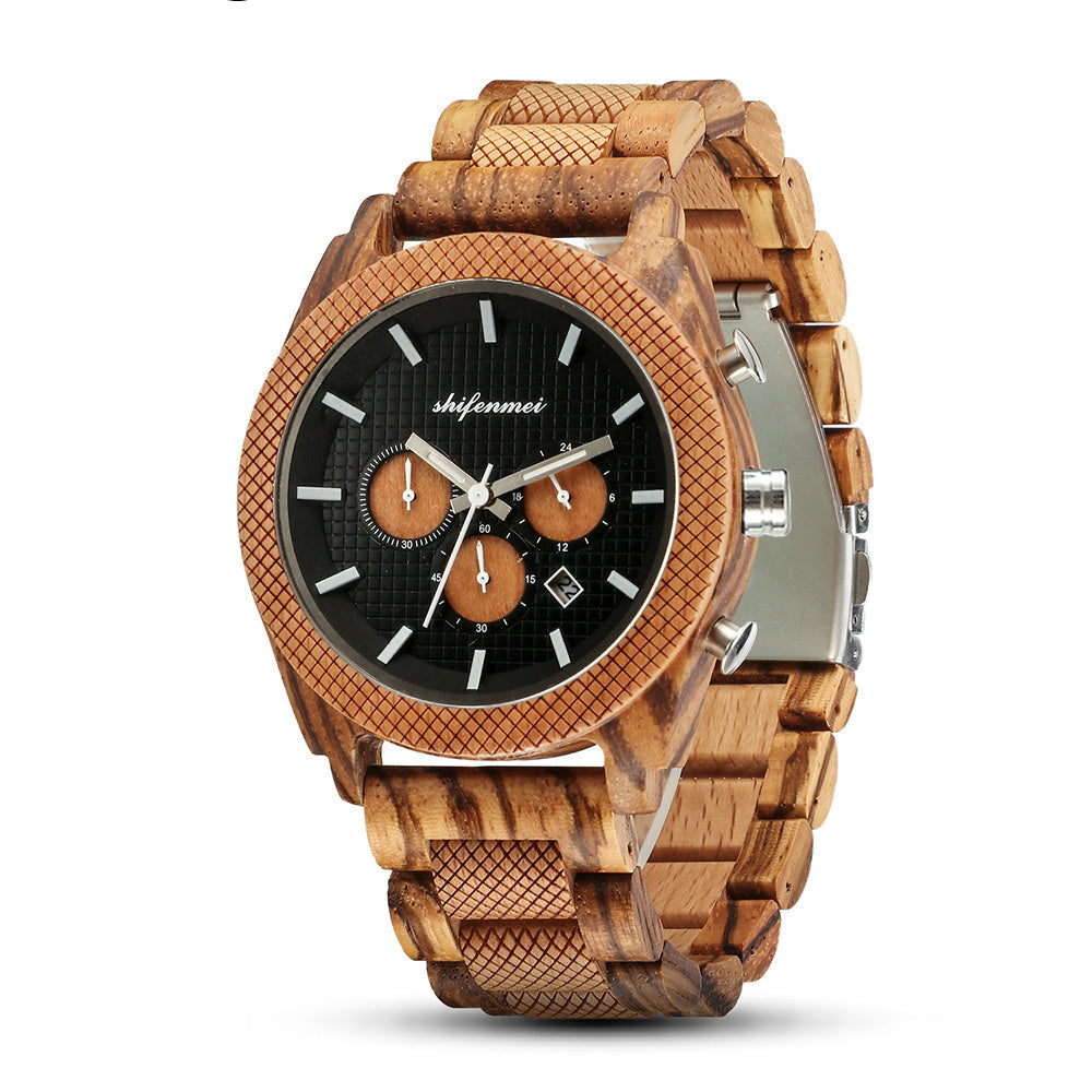 Reloj deportivo de madera con calendario y cronógrafo de seis manecillas para hombre